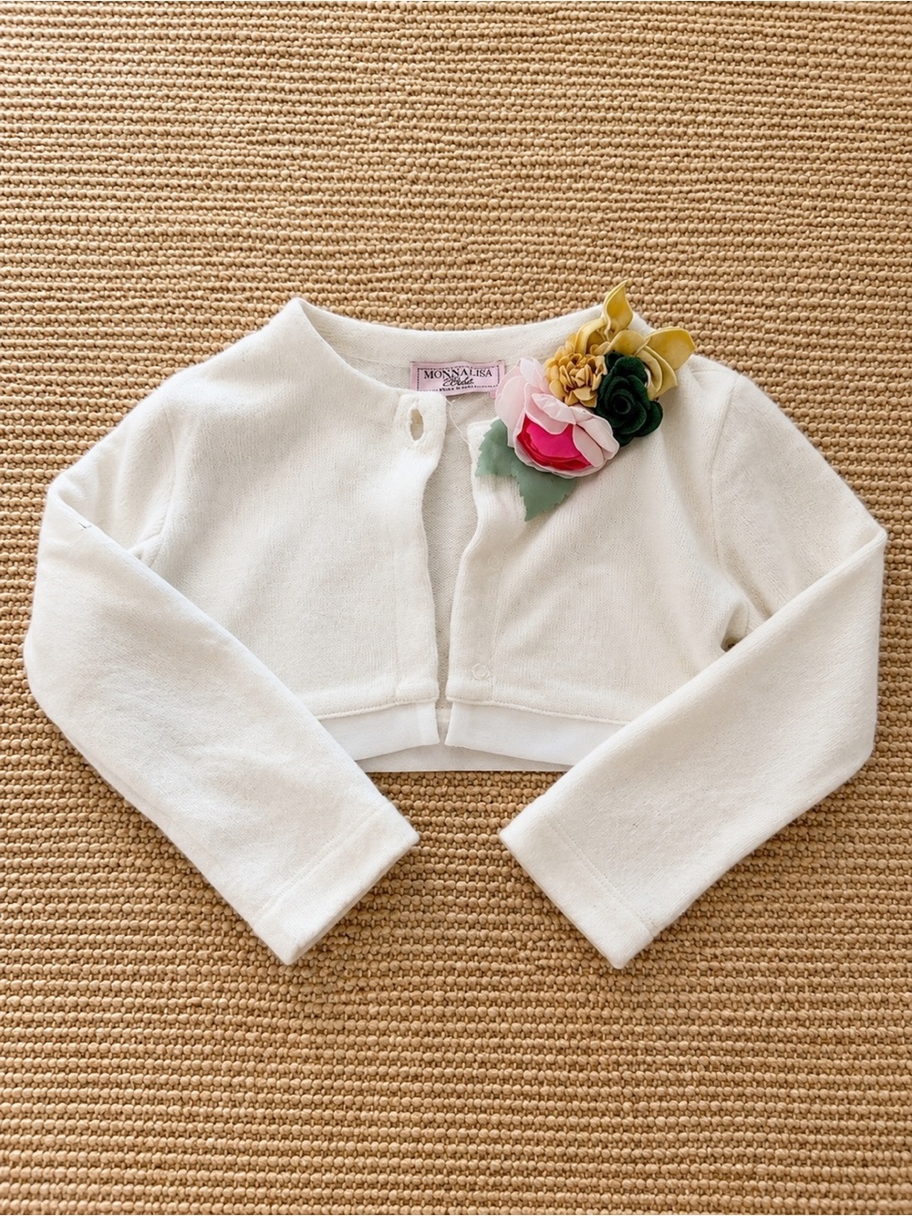MonnaLisa White Girls Cropped Cardigan with Floral Appliqué